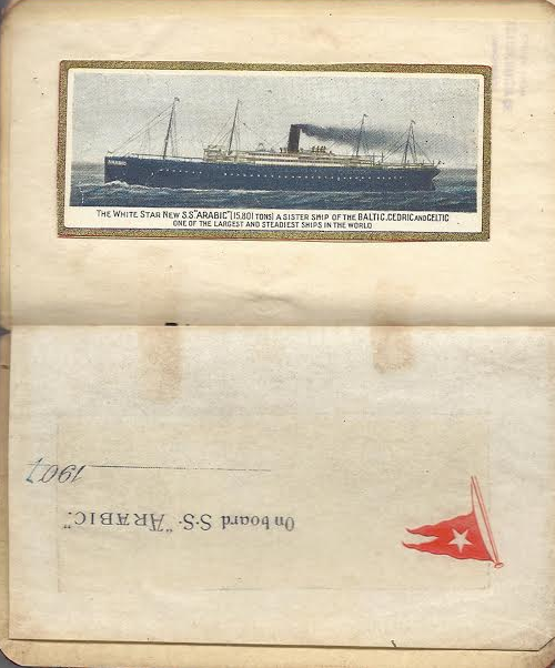 The last page of the diary has staitionery from Arabic, 
which includes an image of the ship, pasted into it
